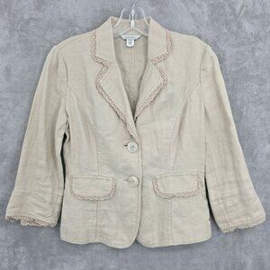 Intuitions Cropped Blazer 2 Natural Linen Lace Trim Floral Buttons Cottagecore